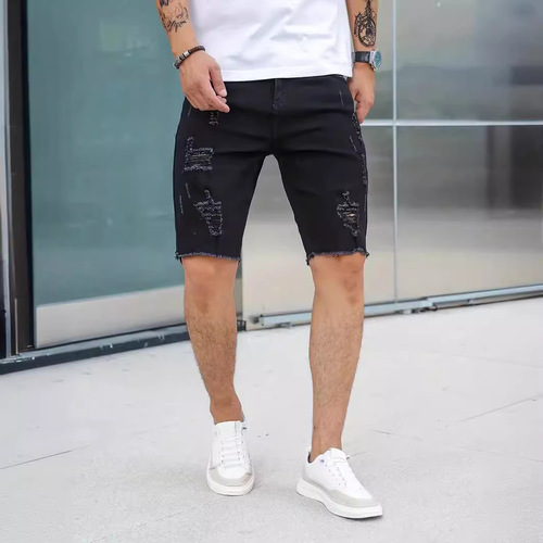 Cross-border Premium Denim Casual Shorts | Summer Men's Pants – Sleek, Slim-Fit 5-Quarter Distressed Denim Short for Men