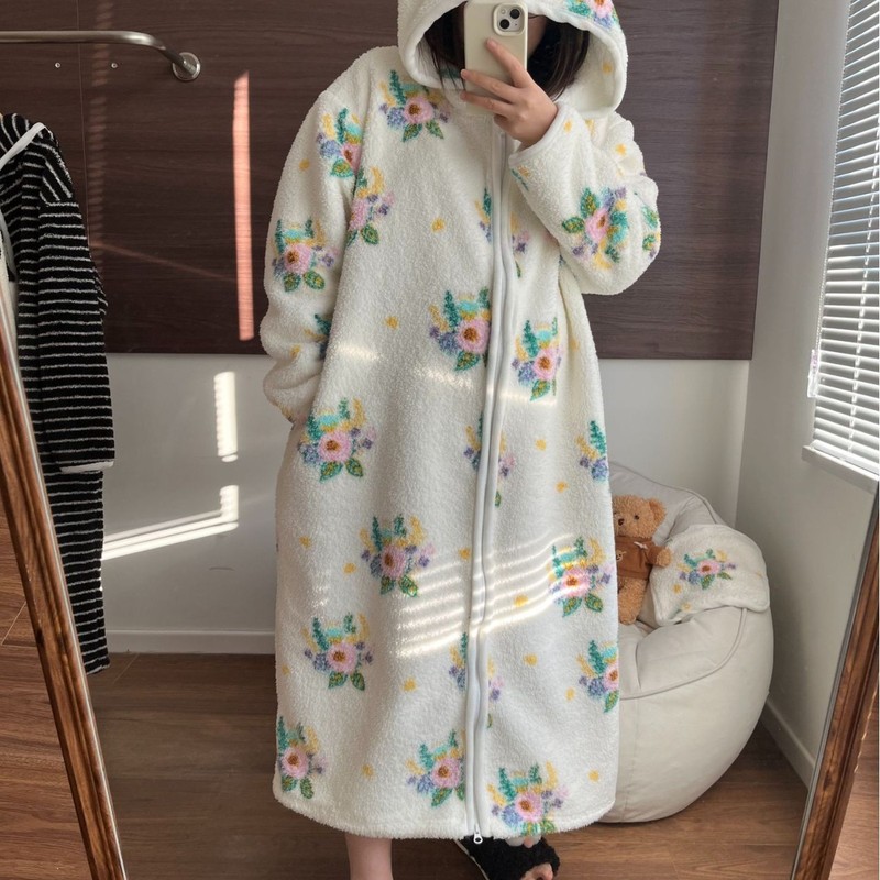 【实拍】鸿楠行走的被窝小熊毛绒拉链睡衣加厚保暖家居服睡袍连帽|undefined