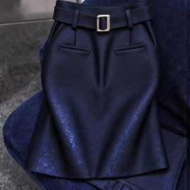 复古洋气高级感藏青色毛呢半身裙女装2025冬季新款高腰包臀短裙
