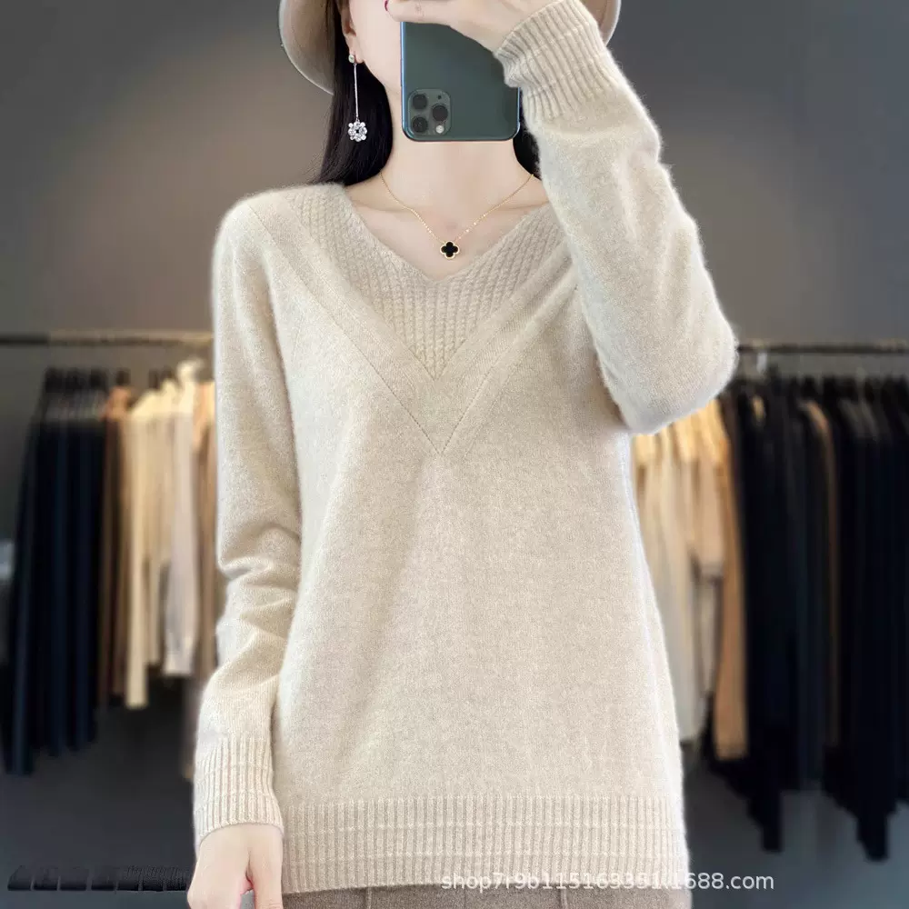 2024秋冬新款100%纯羊毛衫女V领套头针织上衣内搭打底衫羊绒毛衣
