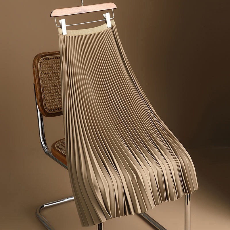 Western-Style Champagne Color Thickeneded Woolen Pleated Skirt for Women Spring and Winter New European Classy Drape Pleated Skirt