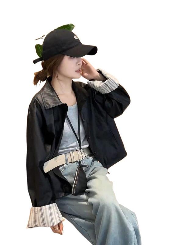 欧洲站设计感袖口撞色拼接翻领皮衣外套女2025春季新款夹克上衣新|undefined
