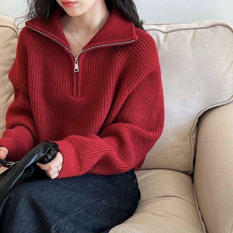 新款2025秋冬半高领减龄半拉链翻领毛衣女设计感加厚长袖针织衫|undefined