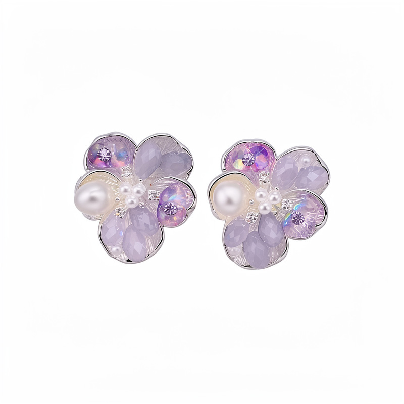 Agujas de plata flores de zircón perlas pequeñas perlas frescas temperamento dulce pendientes de moda ligero lujo alta sensación de auriculares al por mayor image 6