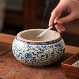 汝窑青花缠枝莲烟灰缸带盖中式家用客厅创意茶渣废水缸茶盂小烟缸