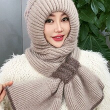帽子女秋冬热卖加厚加绒毛线帽围巾一体蝴蝶结款保暖男女松树绒