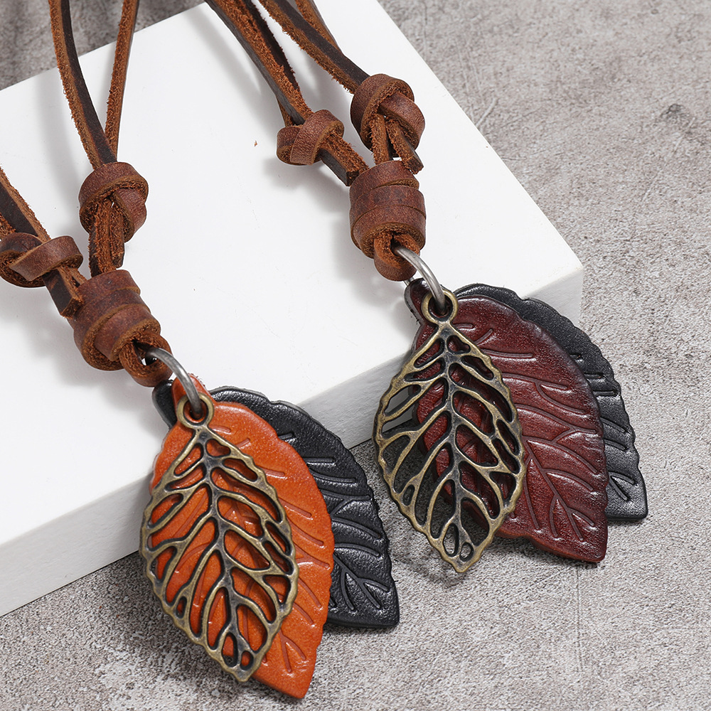 fashion retro leaf pendant leather necklace