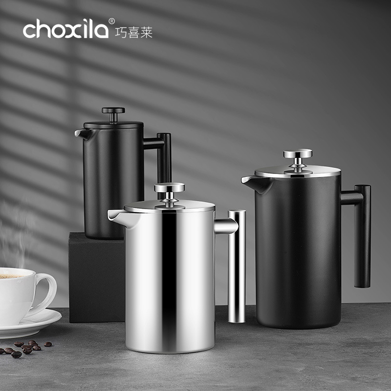 304 olla de presión francesa de acero inoxidable de doble capa cafetera hecha a mano al aire libre tetera presión francesa presionando cafetera
