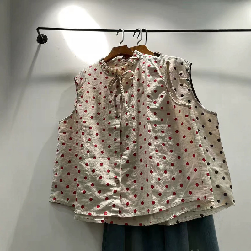 Cotton and Linen Polka Dot Sleeveless Shirt 2026 Vintage Style Lace-Up Youthful Versatile Loose Cardigan Top Cotton and Linen Polka Dot Sleeveless Shirt 2026 Vintage Style Lace-Up Youthful Versatile Loose Cardigan Top
