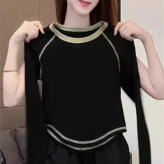 デコルテの底のシャツの女性の秋冬のベルベットの丸首の黒い中に長袖のtシャツの短い重ポンドの色の独特な上着を合わせます。