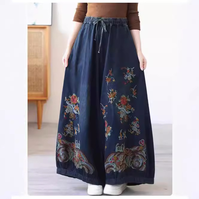 古咖服饰复古民族风绣花高腰阔腿显瘦牛仔裤秋季重工刺绣牛仔裙裤