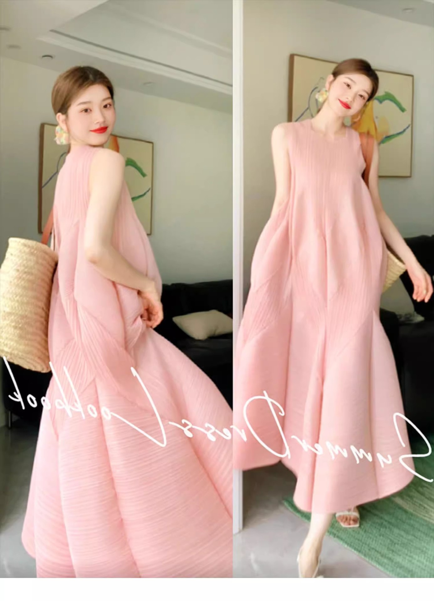 Váy maxi nữ áo ba lỗ không tay thắt eo dáng suông rộng họa tiết nụ hoa mùa hè — Màu đen chi tiết 1