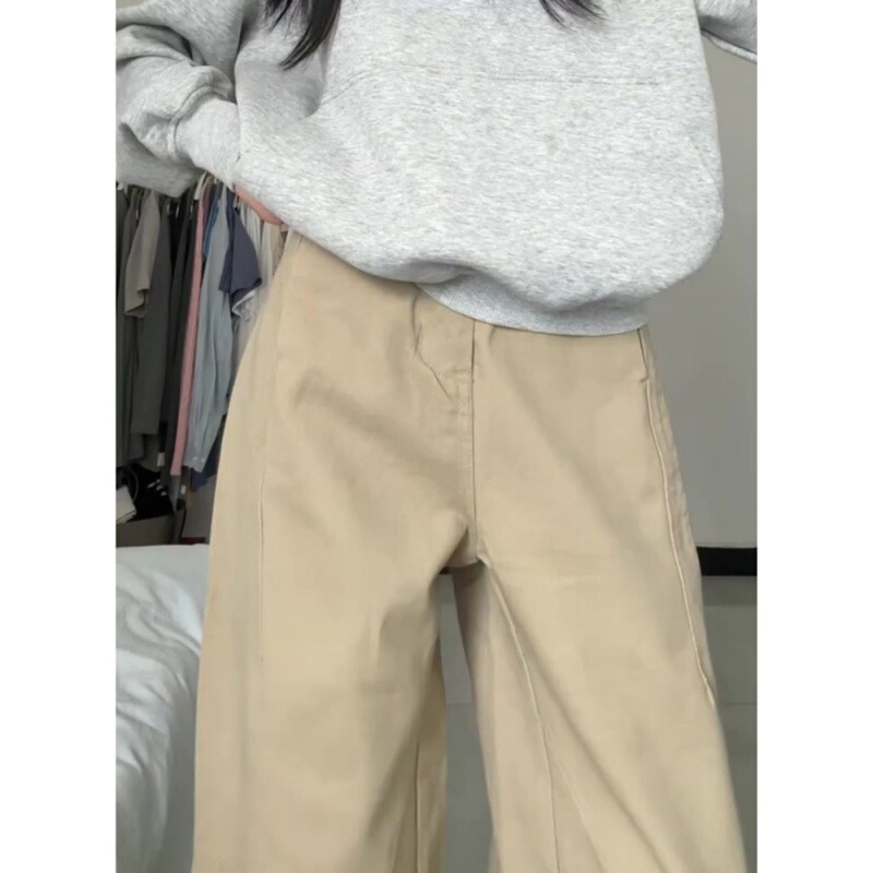 Plus Size Retro Khaki Jeans for Women, Autumn, for Curvy Figures, Loose High-Waisted Slimming Straight Wide-Leg Pants