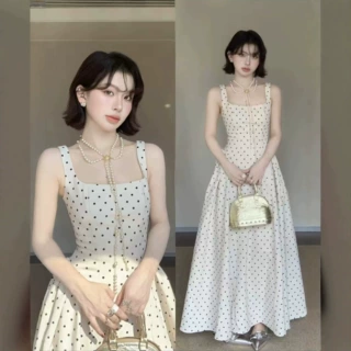 波点连衣裙法式长裙子女士新款a字掐腰吊带裙赫本风绝美夏季穿搭
