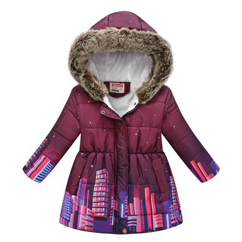 New model children's winter print cotton coat for export, with thicker middle-child size, fur collar, and hat, casual cotton jacket.
