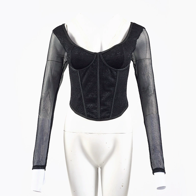 Трансграничная внешняя торговля Европейская и американская сексуальная горячая девушка, кружевной однотонный прозрачный сетчатый корсет на пуговицах с квадратным вырезом и длинными рукавами