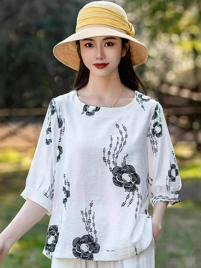Cross-border nueva camiseta de mujer china impresa de manga media camiseta de mujer de verano camiseta de base de cuello redondo artística ocio image 1