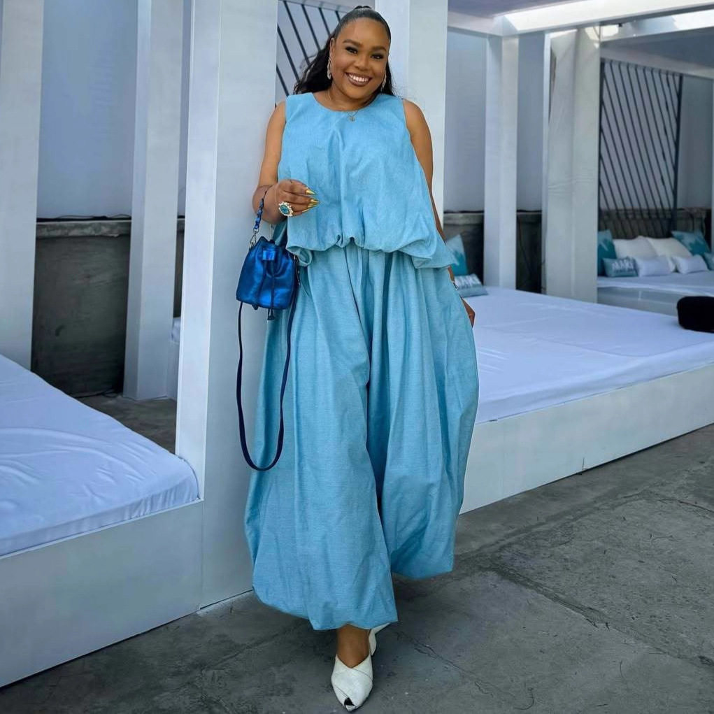 欧美无袖宽松收腰显瘦短款上衣女非洲新款女装阔腿长裤大码两件套