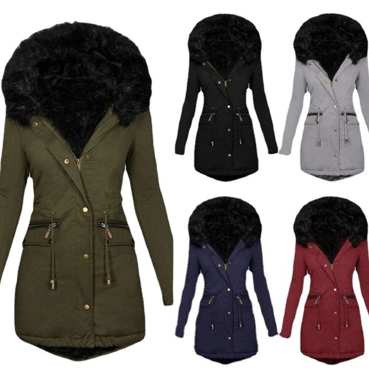 Transfronterizo deseo Amazon ropa de mujer europea y americana de otoño e invierno de color sólido Cuello de piel con capucha de longitud media cálido abrigo de algodón acolchado para las mujeres