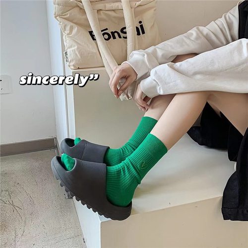 Women's Long Stockings for Spring and Autumn, Ins Trendy Korean Plain Color Heavy Work Embroidered Bunchy Socks Mid-Calf Sports Socks