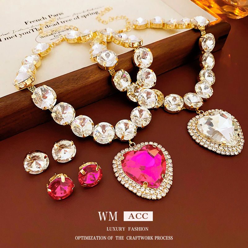 Collar redondo con diamantes de amor conjunto europeo y americano exagerado atmósfera de moda cadena clavícula ligera de lujo conjunto de joyas de alta calidad