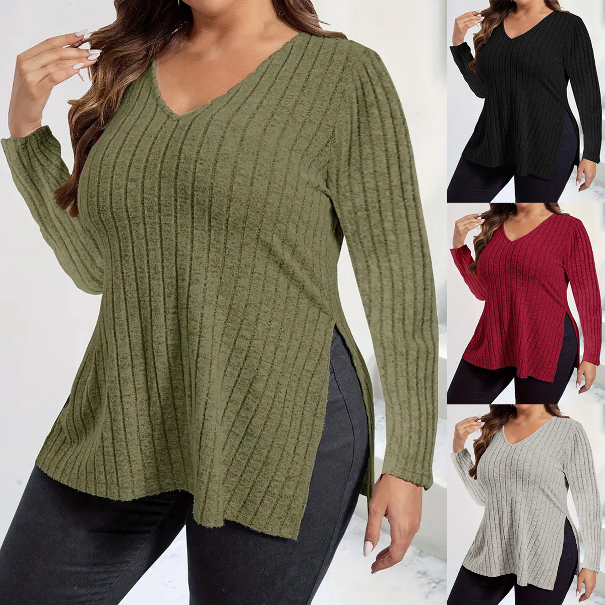 2024 Amazon spring and autumn new solid color plus-size women's blouse V-neck long sleeve pit strip woolen T-shirt loose cover