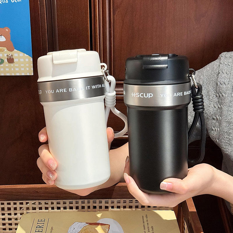 简约轻奢咖啡杯男生高颜值双饮水杯便携真空保冷随行不锈钢杯子|undefined