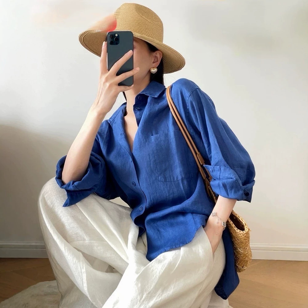 法式克莱因蓝亚麻防晒衬衫女春夏薄款宽松慵懒高级感棉麻衬衣外套