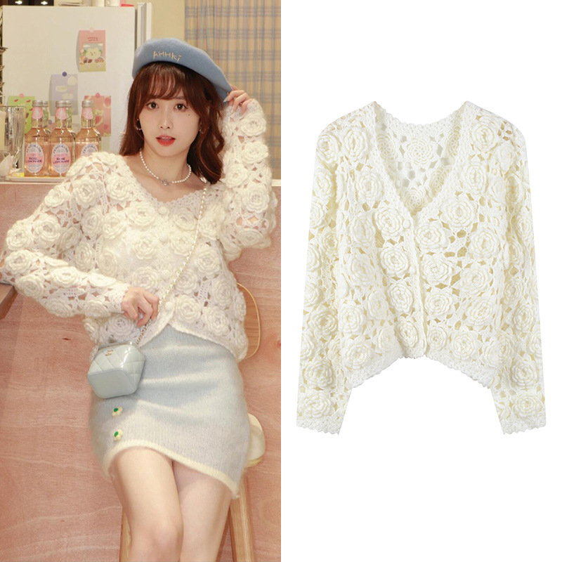 2025 New Autumn and Winter Sweater Cut Out Crochet Rose Flower Long-Sleeved Short Single-Breasted Short Jacket Simple Cardigan