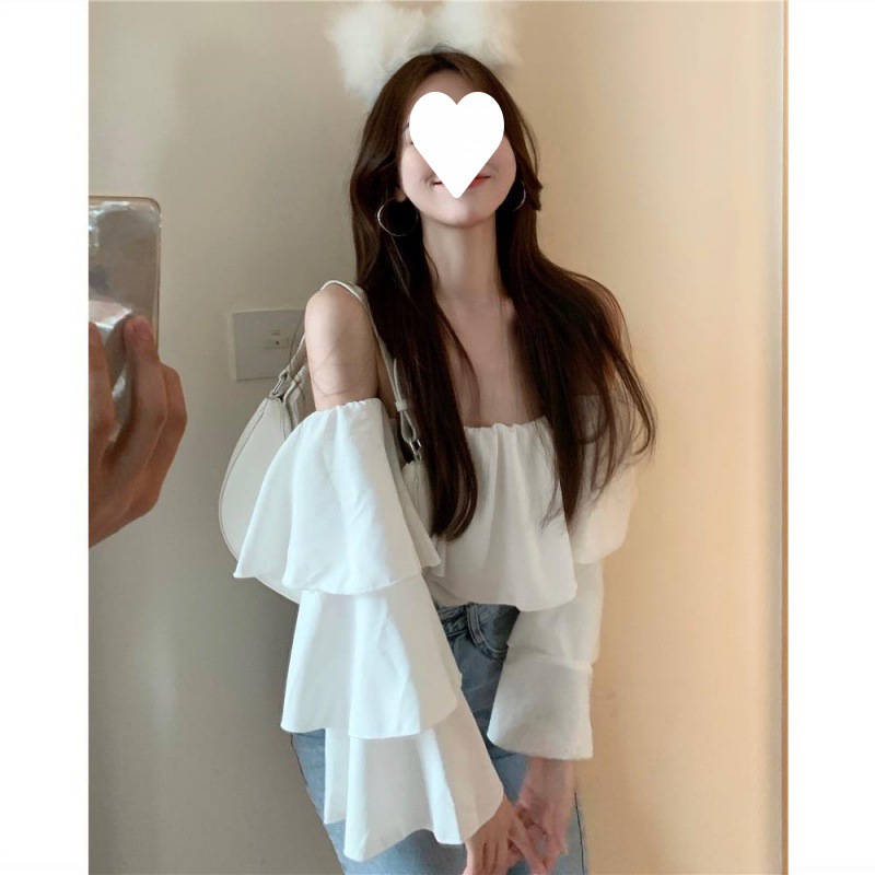 셔츠 여성 오프 숄더 짧은 흰색 디자인 감각 긴 소매 셔츠 2022 여름 쉬폰 탑