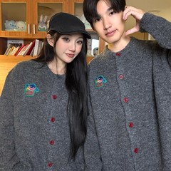 2025秋季新款韩系贴布刺绣慵懒风灰色针织衫外套少年感男女款毛衣
