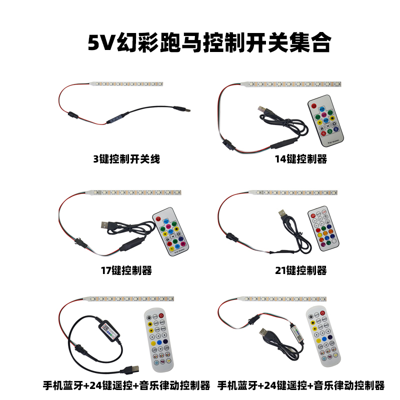 5V幻彩跑马灯带蓝牙遥控24键音乐律动控制器汽车氛围灯通用款