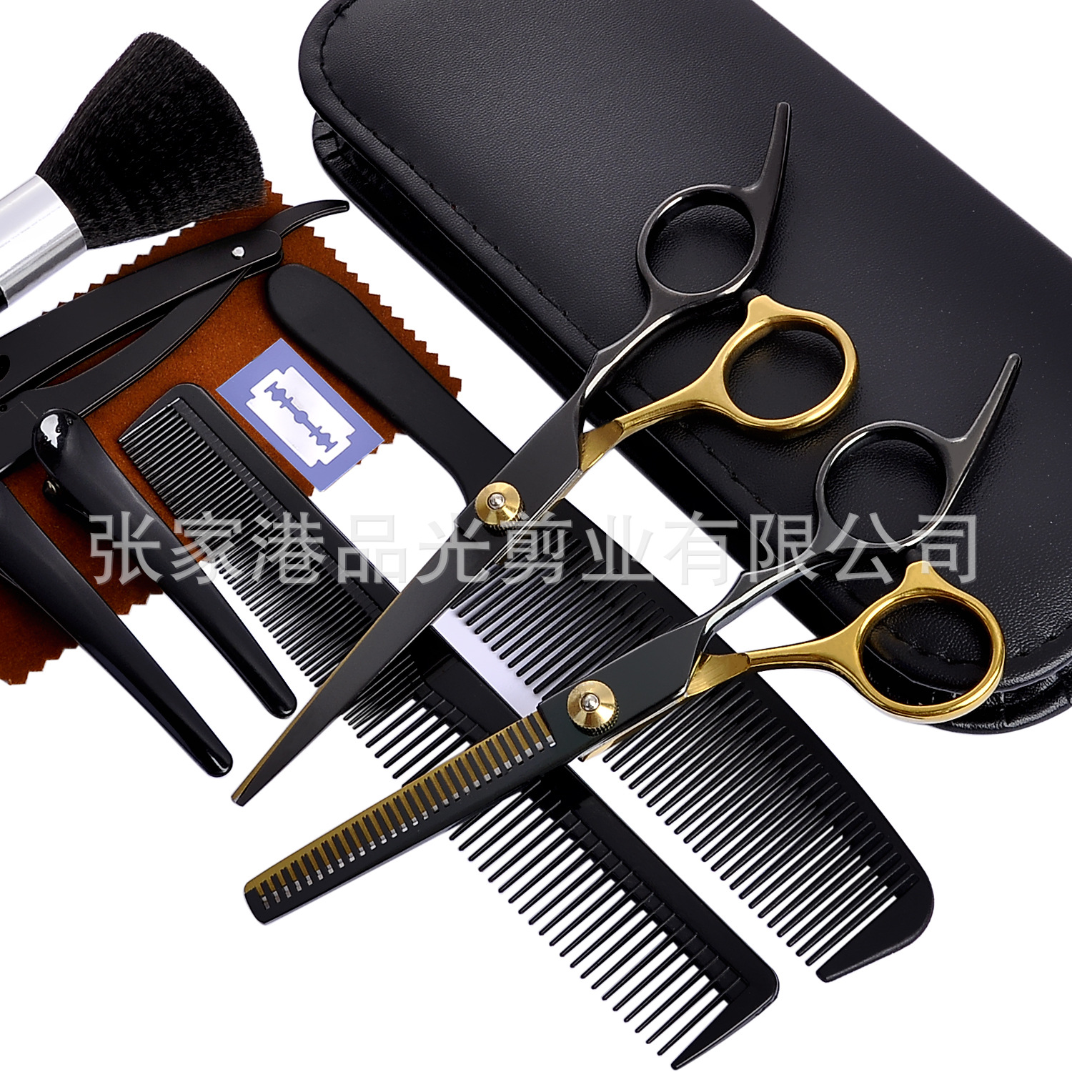 Tijeras de peluquería al por mayor de fábrica, tijeras de peluquería, flequillo plano, corte de pelo fino, corte de dientes, tijeras de oro negro, juego de corte de pelo
