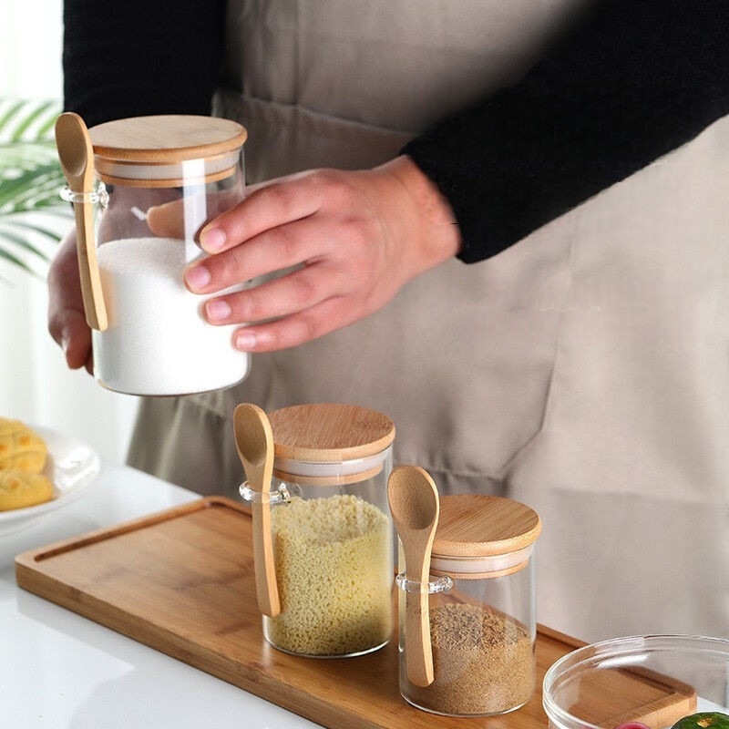 Embalaje de algodón perla transfronterizo vidrio de alto silicio de silicio simple con cucharas condimento lata de cocina almacenar granos lata de granos