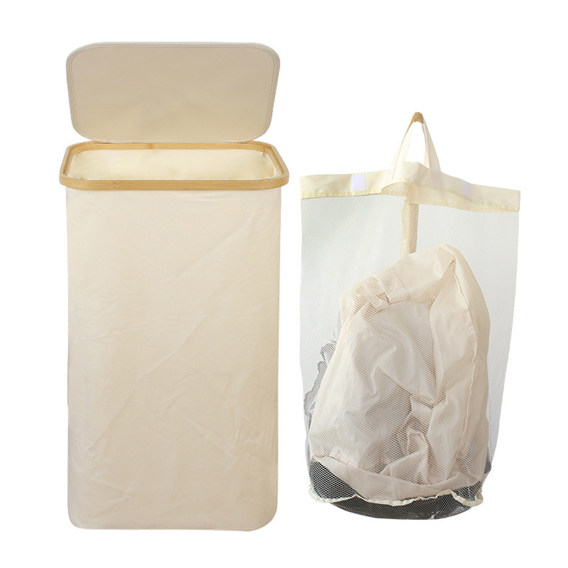 Cesta de ropa sucia transfronteriza con bolsillo interior con cubierta de bambú y madera plegable Cesta de almacenamiento de ropa sucia Cesta de ropa sucia