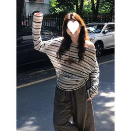 工厂直销 原版广州面料雪花棉色织条  撞色条纹长袖T恤女高级感上