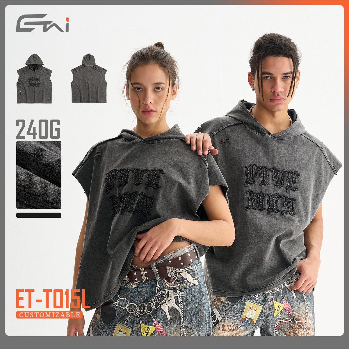 에타이 남성복 | 고품질 아메리칸 레트로 후드 민소매 티셔츠 남성용 트렌디 브랜드 박시핏 스플라이싱 디자인 데미지 티셔츠