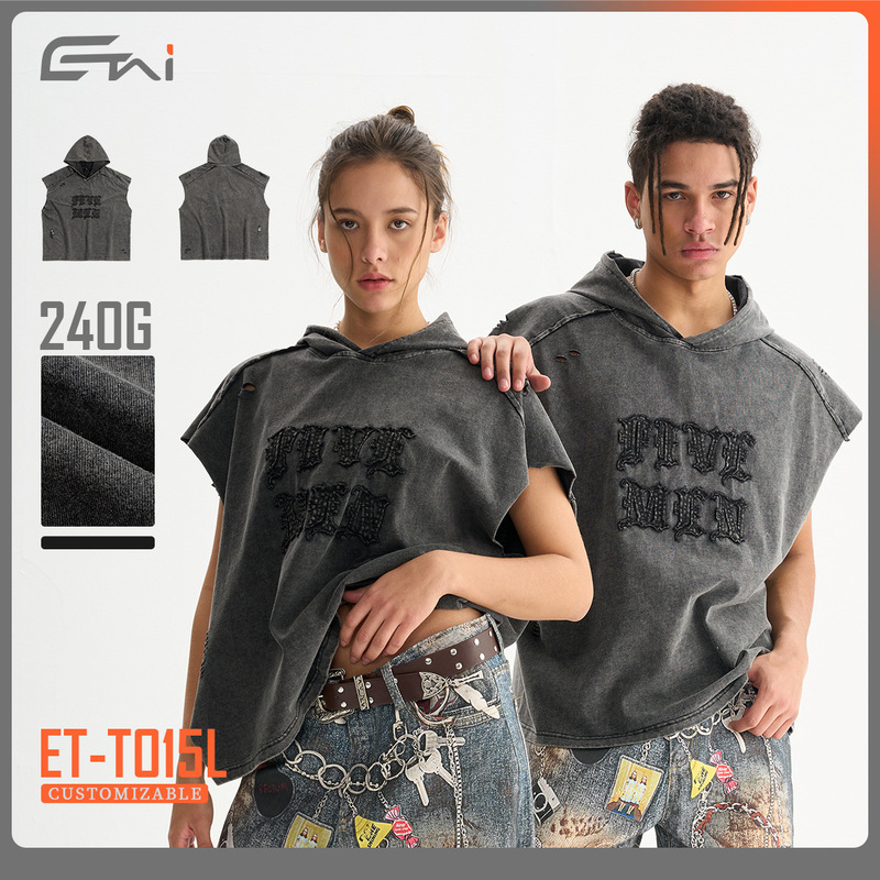 Etai Men's Clothing | High-Quality American Retro Hooded Sleeveless T-Shirt for Men, Trendy Brand Boxy Fit Patchwork Distressed T-Shirt