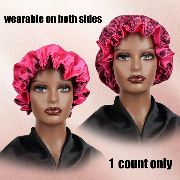 Cross-Border Hot Selling Leopard Print Lace Satin Nightcap Bonnet Double Layer Soft and Comfortable Shower Cap Elastic Beauty Cap Turban