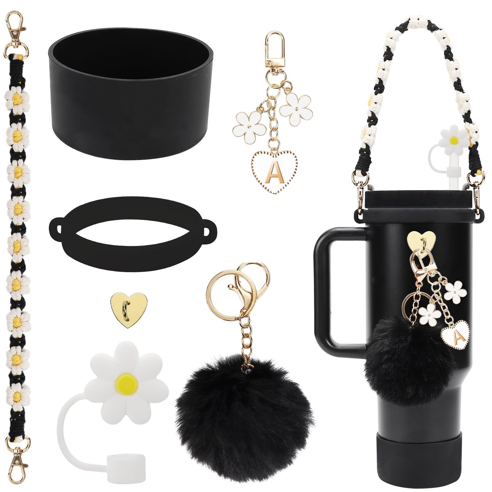 Accesorios de taza Stanley colgante de cuerda de mano flor de silicona gorra de paja de peluche colgante de taza cadena de taza de color cubierta de taza