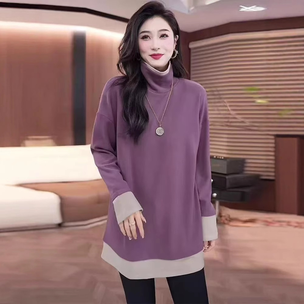 빅사이즈 여성복 유럽풍 페이크 투피스 하이넥 티셔츠 이너웨어 여성 봄 가을 2026 신상 루즈핏 긴팔 상의