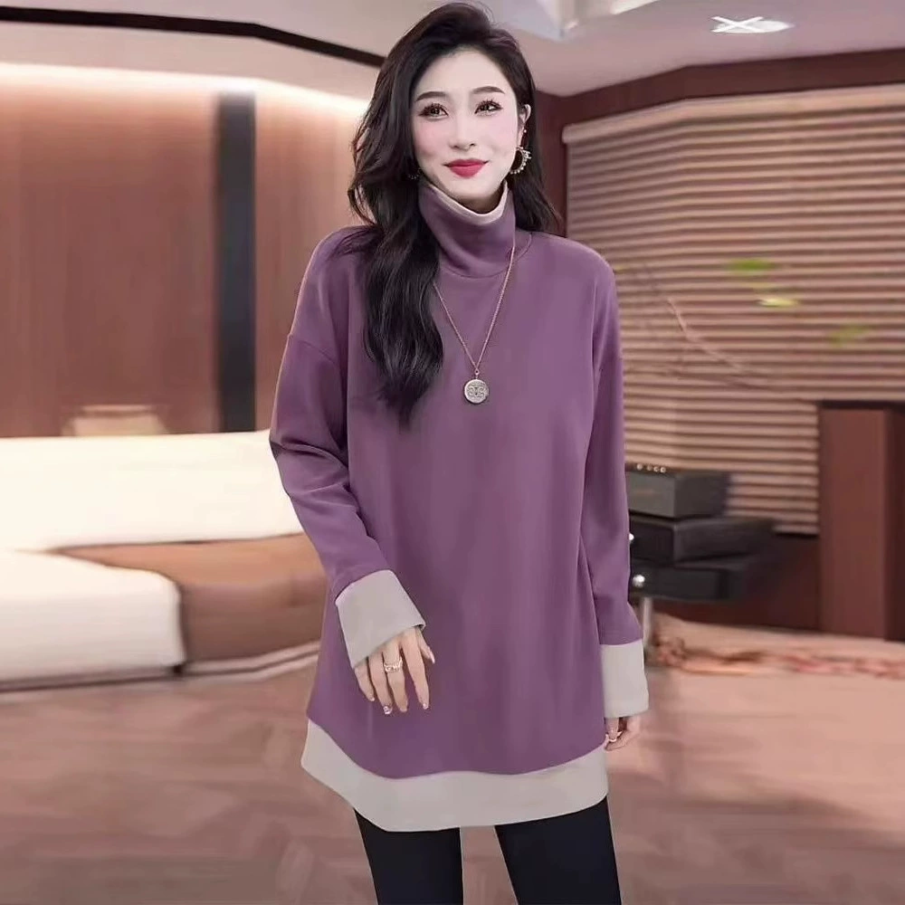 Большой размер женская европейская поддельная две футболки с высоким воротником нижняя рубашка женская осень-зима 2024 новая свободная рубашка с длинными рукавами