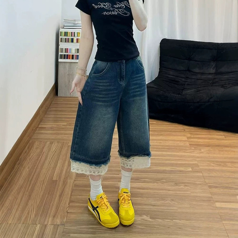 Women's Summer Loose Straight-Leg Denim Capri Pants, Thin Wide-Leg Denim Shorts Women's Summer Loose Straight-Leg Denim Capri Pants, Thin Wide-Leg Denim Shorts
