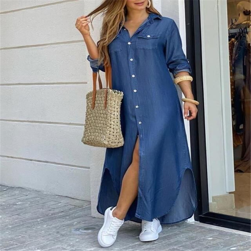 Amazon New Women's Spring and Autumn Fashion Single Breasted Shirt dress Long Loose Lapel dress