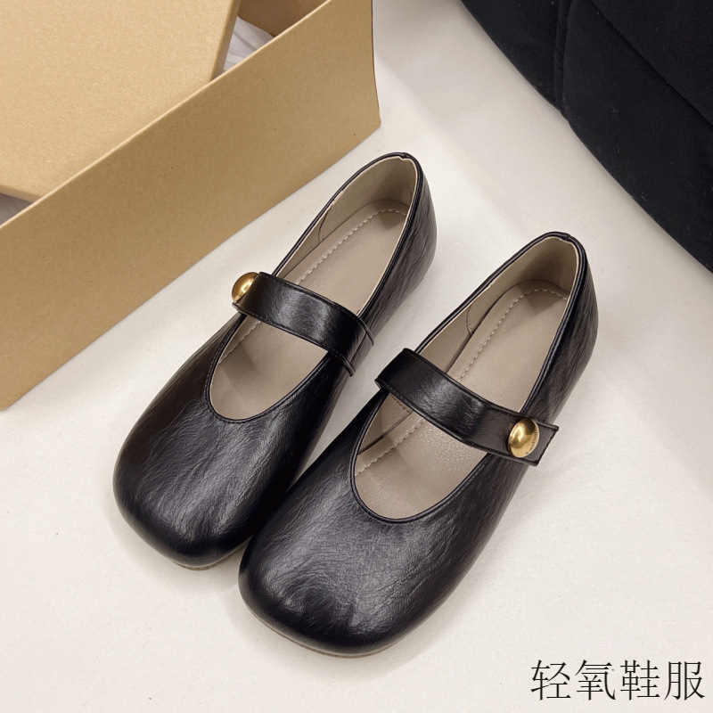 复古方头玛丽珍小皮鞋女2025年春夏新款魔术贴平底单鞋软底豆豆鞋|undefined