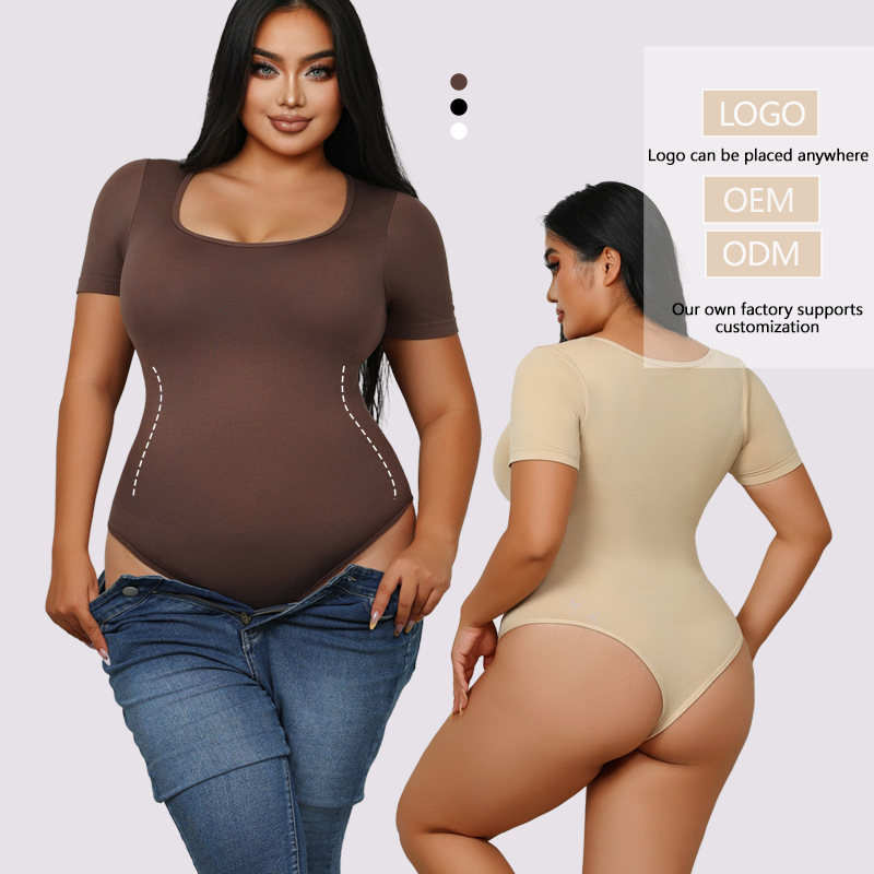 Cross-Border European and American Large Size Hot-Selling Seamless Shapewear Short-Sleeved Body Shaping Corset Butt Lift T-Shaped One-Piece Corset for Women