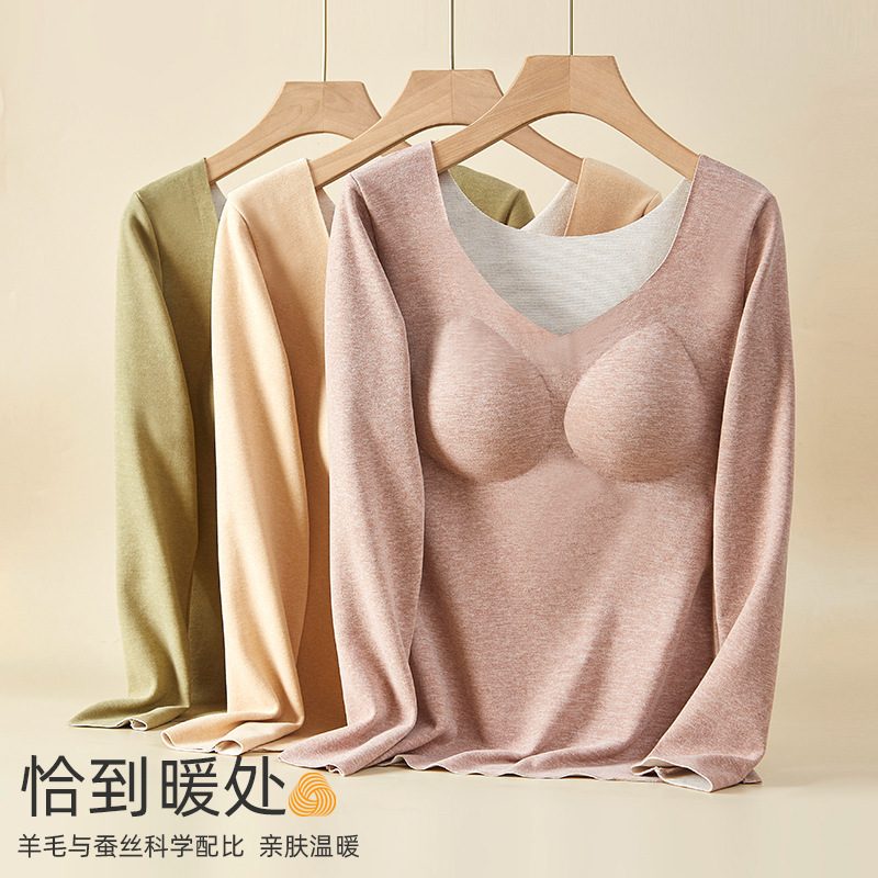 El otoño y el invierno de lana de seda ropa interior térmica calefacción subabrigo con almohadilla en el pecho de lana forrada engrosada otoño ropa pantalones largos traje de las mujeres