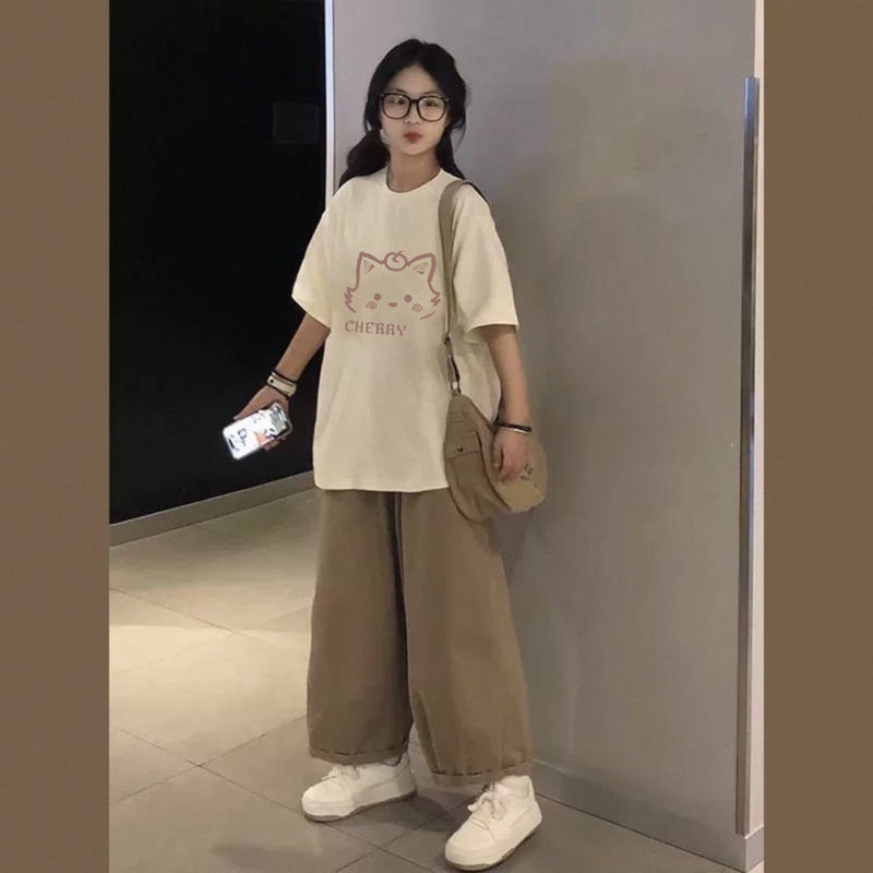 单/套装夏季女学生慵懒风宽松短袖t恤休闲阔腿裤子甜美穿搭两件套|undefined