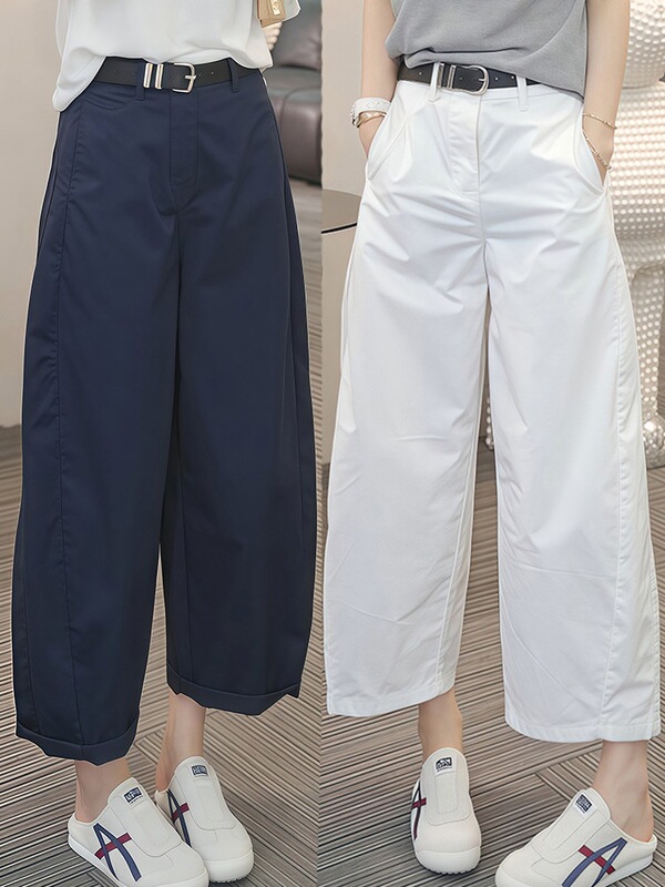 Navy Blue Casual Cropped Wide-Leg Pants for Women, Summer New Style, High-Waisted Loose Straight-Leg Wide-Leg Pants for Petite Figures