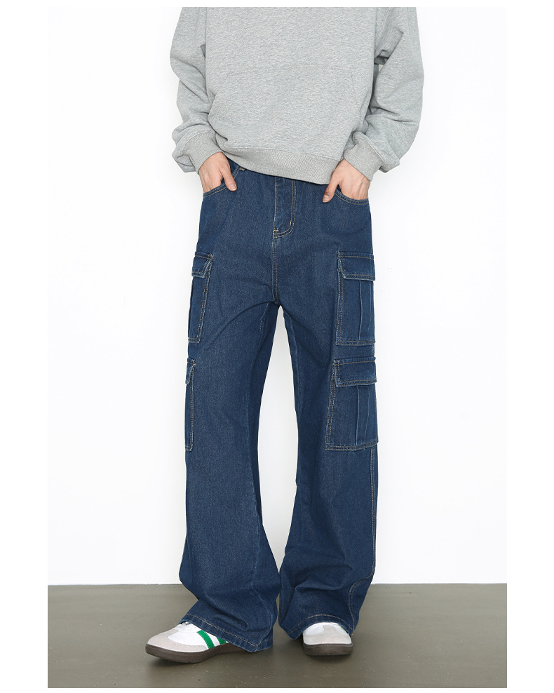 Vintage Washed Denim Cargo Pants - Relaxed Fit Multi-Pocket Workwear Jeans For Men_mkmklike.com